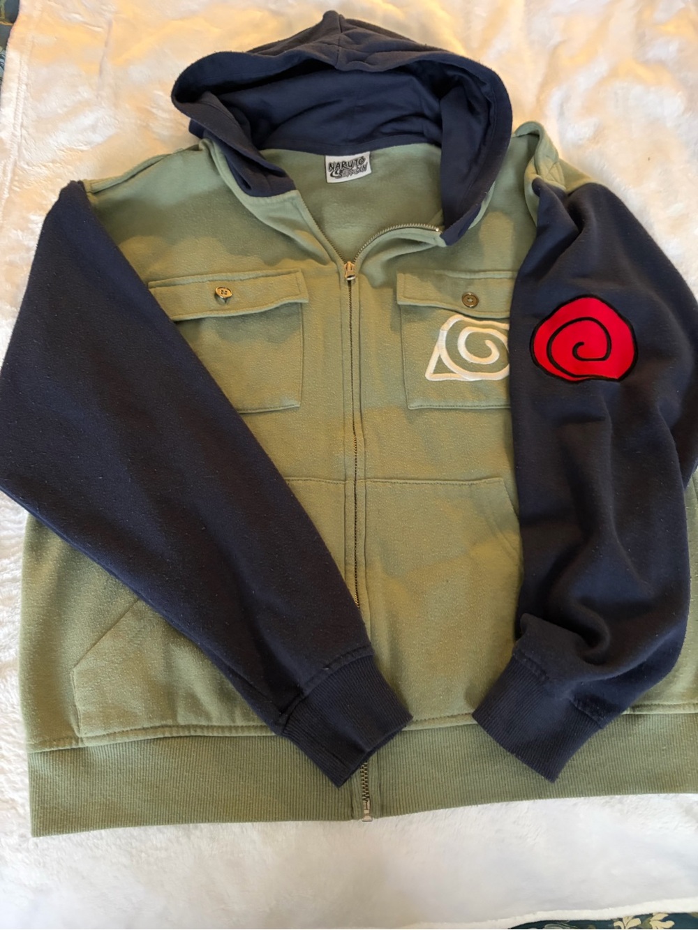 Ripple Junction Olive Green & Navy Zip Hoodie with Red Spiral Patch
